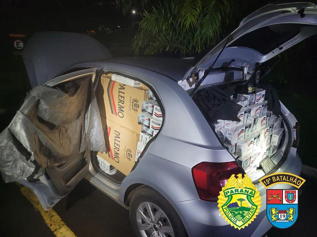 Com apoio do Falcão 12, equipe da ROTAM de Toledo, aprende carro com contrabando de cigarros na BR 467
