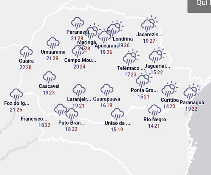O tempo segue instável em grande parte do Paraná; A região Oeste ainda continua em Alerta Amarelo