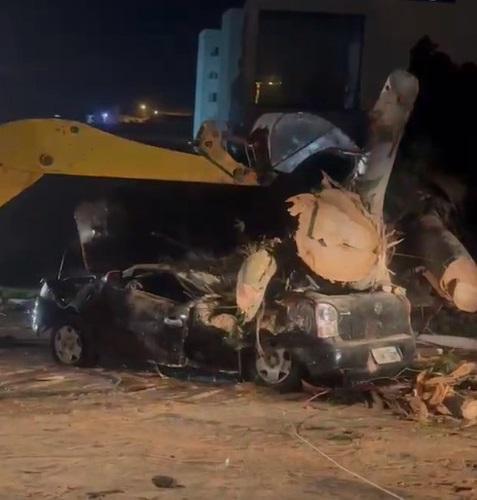 Motorista sobrevive após eucalipto esmagar carro durante temporal