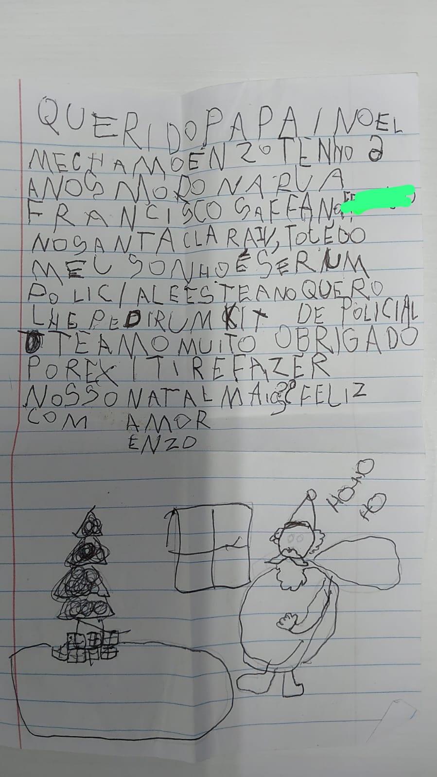 Cartinha ao Papai Noel é atendida pela Polícia Civil de Toledo.