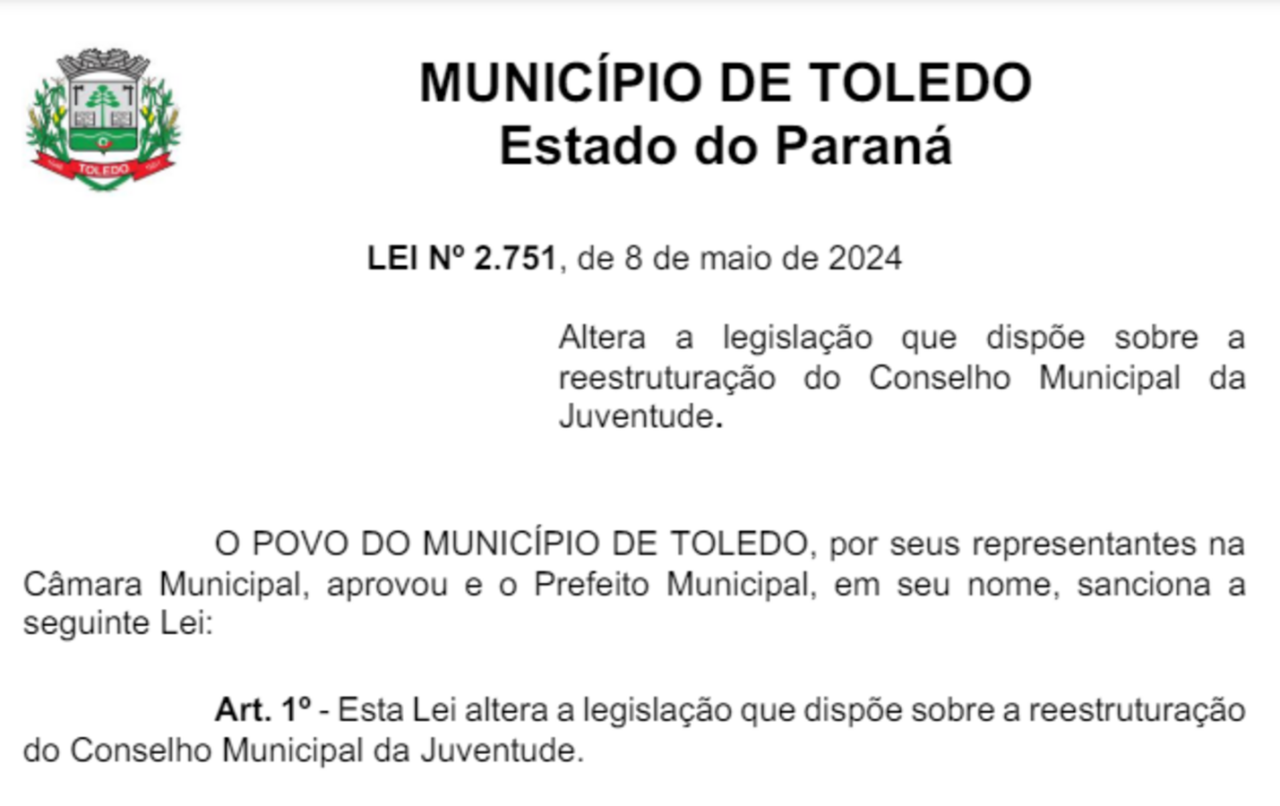 Lei Nº2.751 reestrutura Conselho da Juventude em Toledo